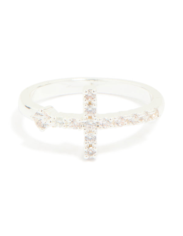Silver Plated Cubic Zirconia Simple Side Cross Ring