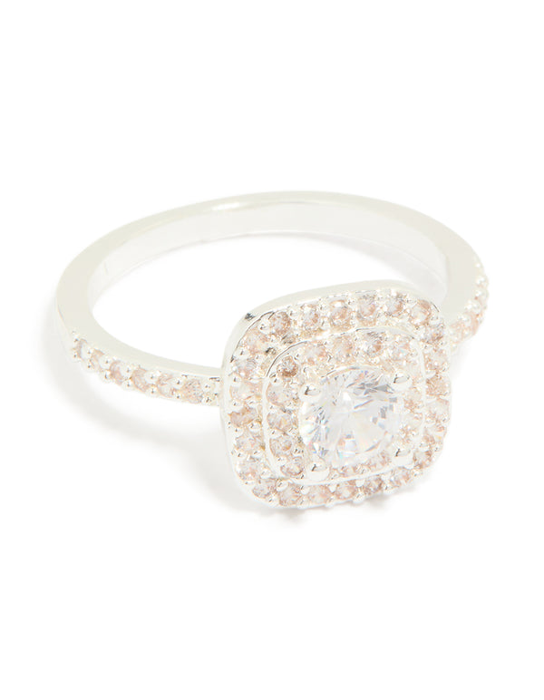 Silver Plated Cubic Zirconia Square & Band Rings 2-Pack