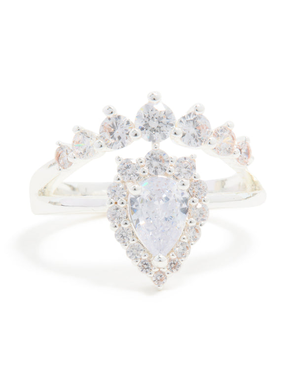 Silver Plated Cubic Zirconia Pear & Crown Layered Ring