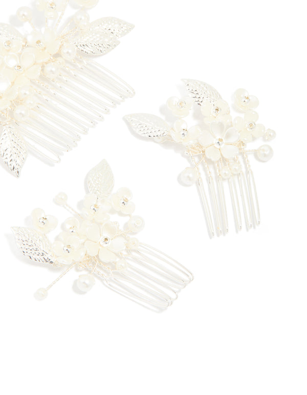 Silver Pearl Flower & Leaf Hair Combs 3-Pack