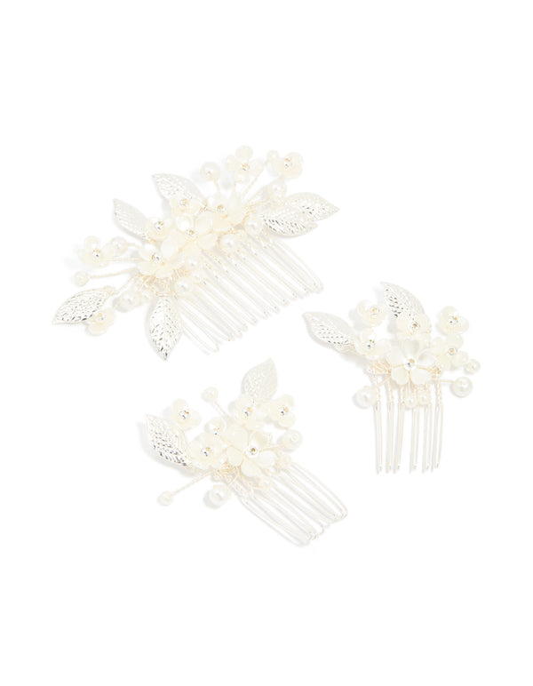 Silver Pearl Flower & Leaf Hair Combs 3-Pack