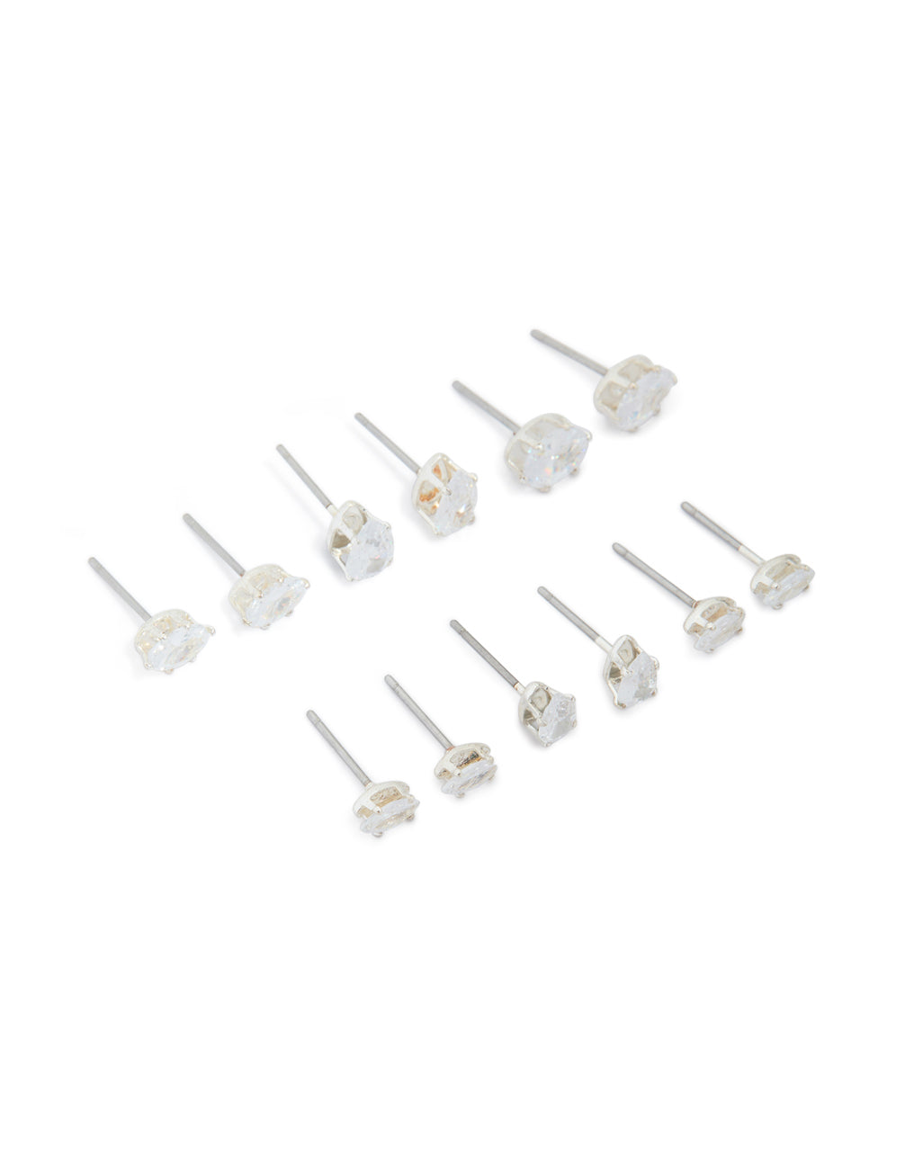 Elegant set of cubic zirconia stud earrings in silver, 6-pack front view