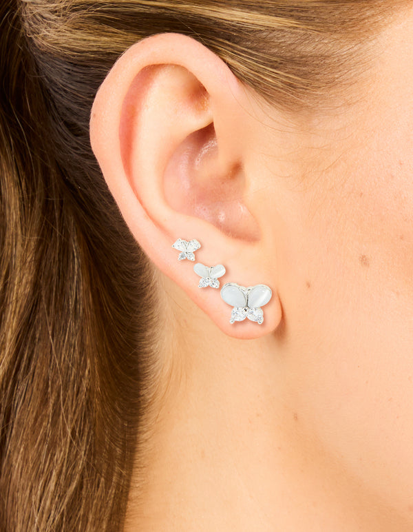 Silver Cubic Zirconia Multi-Sized Butterfly Earrings 3-Pack