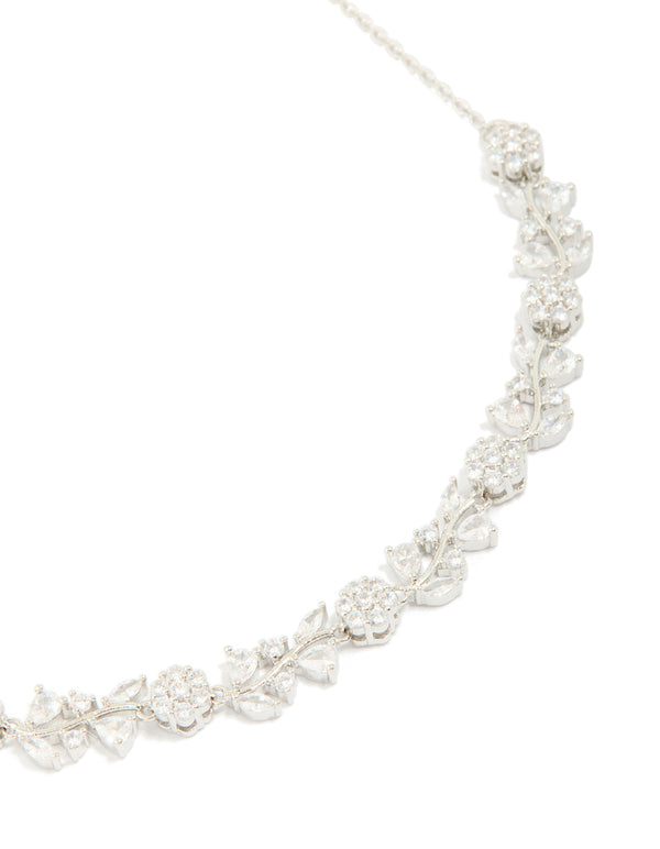 Silver Cubic Zirconia Flower & Vine Necklace