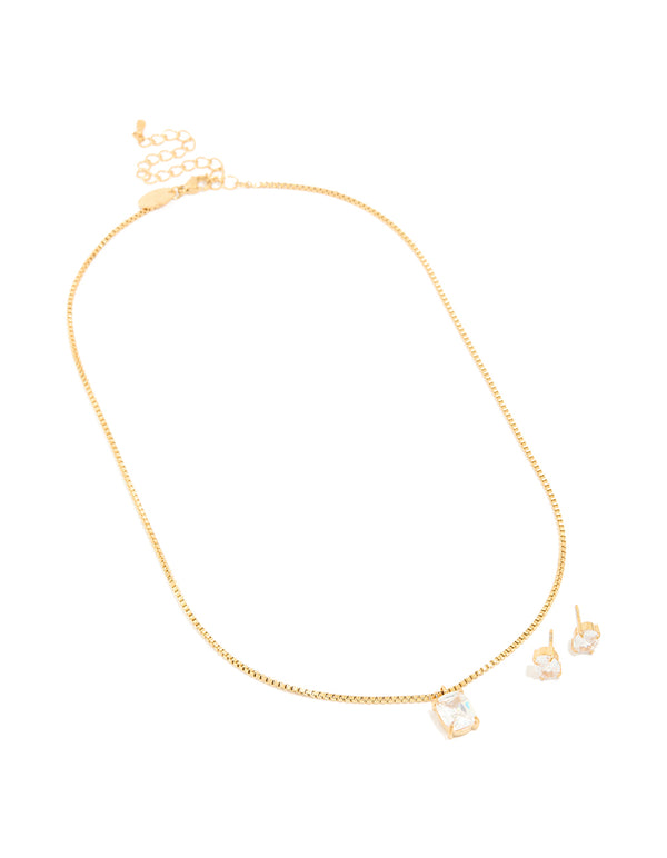 Gold Cubic Zirconia Pendant Necklace & Stud Earrings Set