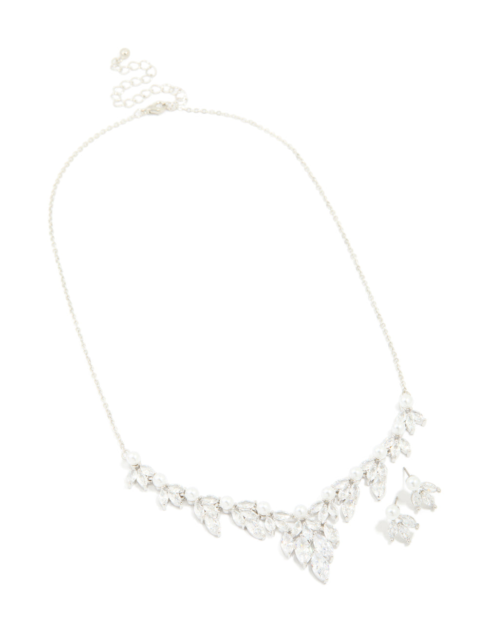 Silver Pearl Cubic Zirconia Flower Earrings & Necklace Set