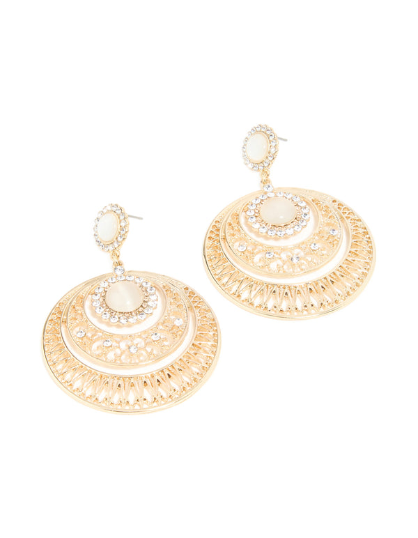 Gold Diamante Detailed Round Drop Earrings