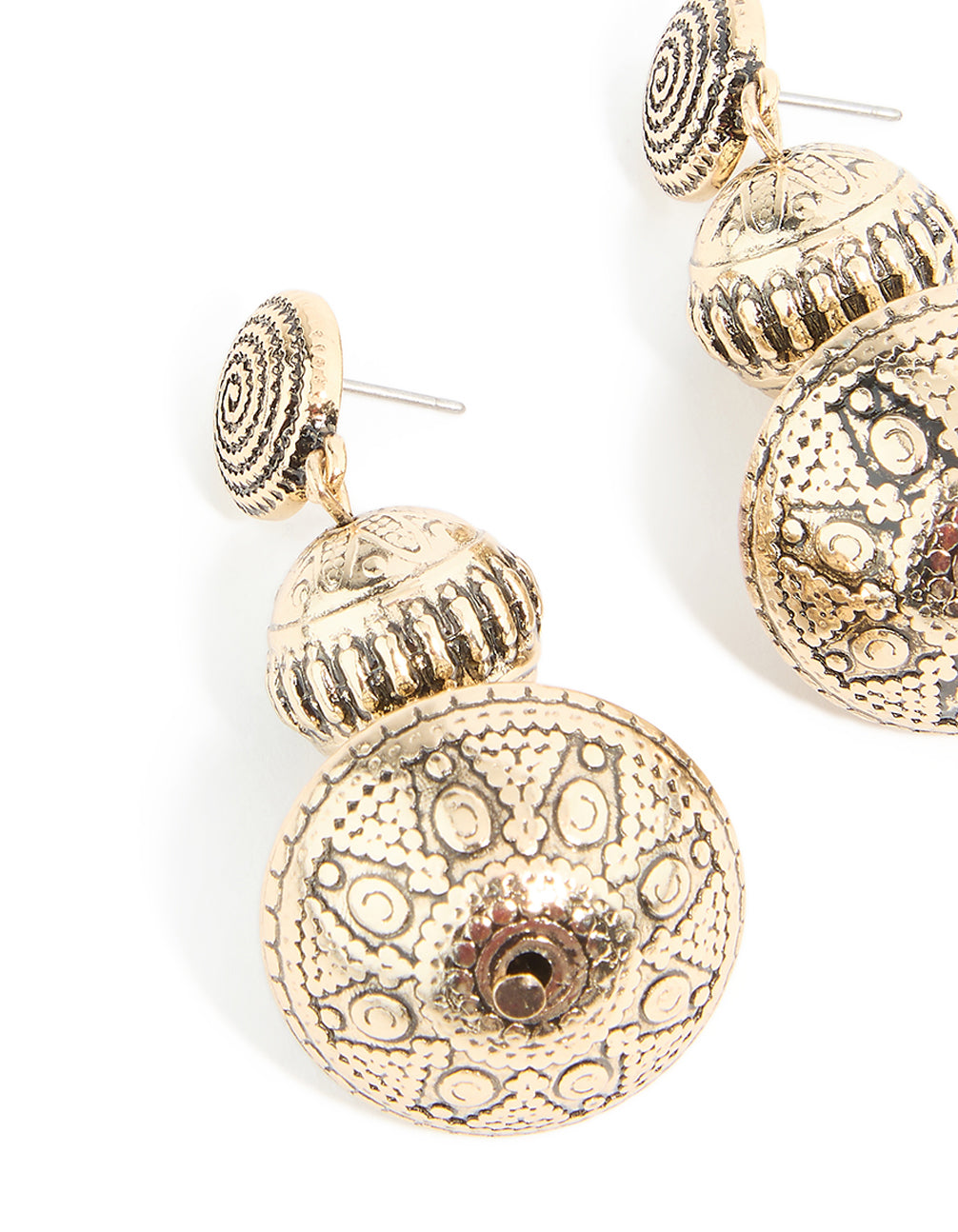 Antique Gold Brown Beaded Graduated Etched Drop Earrings