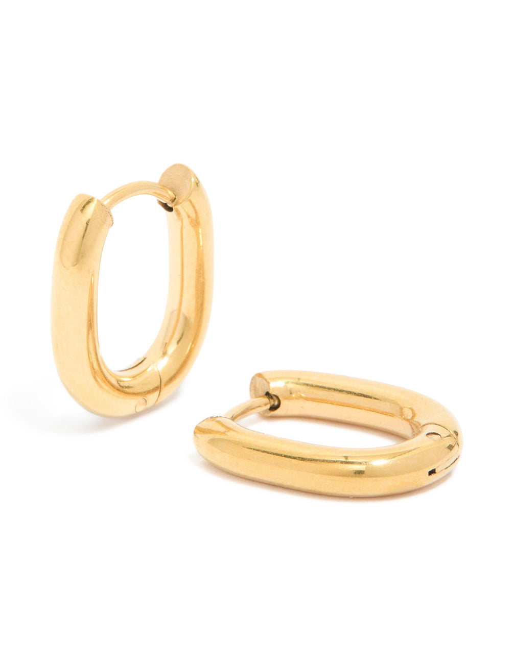 Elegant waterproof gold plated stainless steel oval clicker hoop earrings front view