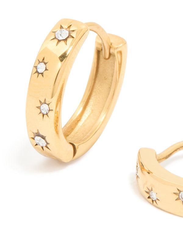 Waterproof Gold Plated Stainless Steel Diamante Star Clicker Hoop Earrings