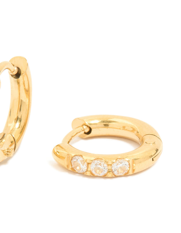 Waterproof Gold Plated Stainless Steel Prism Cubic Zirconia Huggie Earrings