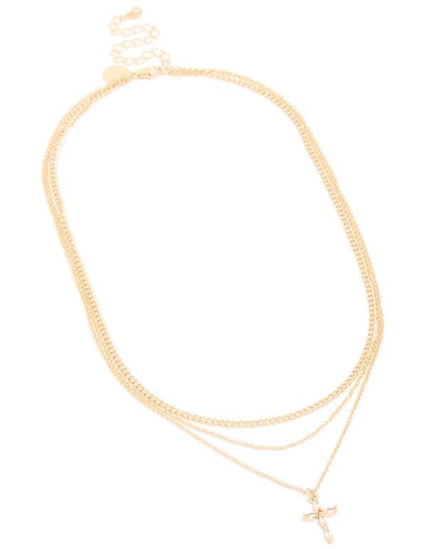 Gold Cubic Zirconia Cross & Chain Layered Necklace