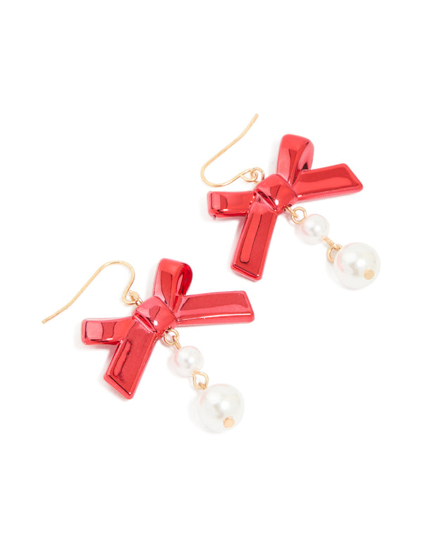 Gold Red Metallic Bow & Pearl Drop Earrings