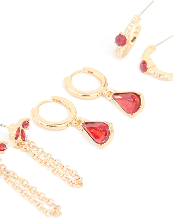 Gold Red Diamante Chain & Huggie Earrings 3-Pack