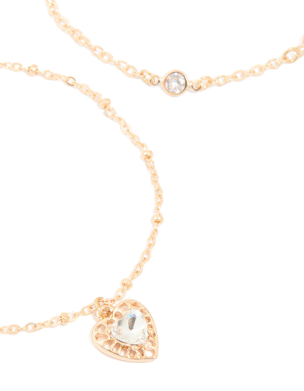 Gold Diamante Heart & Circle Charm Bracelets 2-Pack