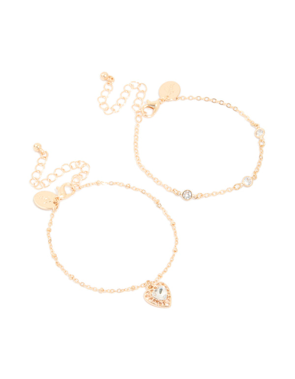 Gold Diamante Heart & Circle Charm Bracelets 2-Pack
