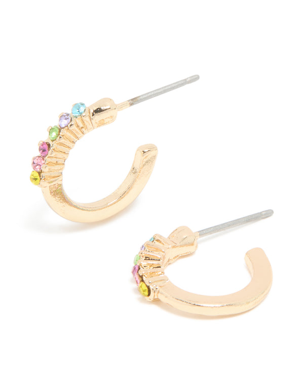 Gold Multicoloured Diamante Open Hoop Earrings