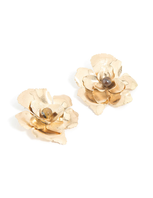 Worn Gold Tigers Eye Bead Statement Stud Earrings