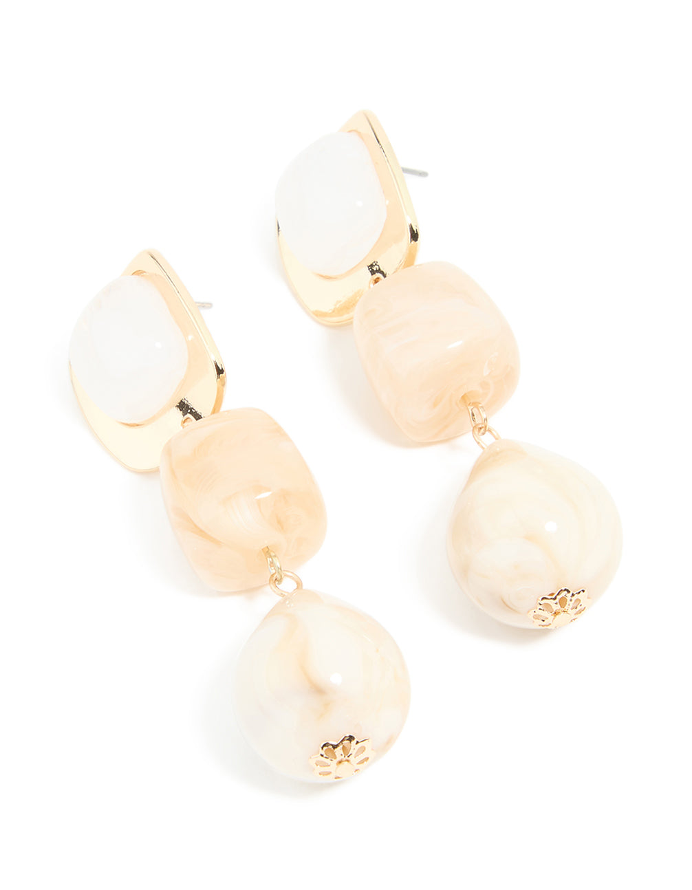 Gold Pink & White Beaded Square Drop Earrings
