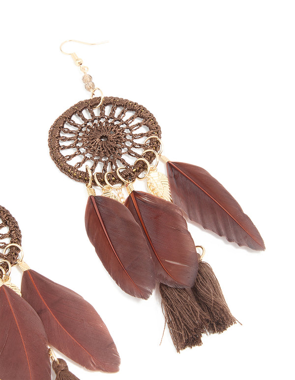 Gold Burgundy Feather & Brown Fabric Dreamcatcher Drop Earrings