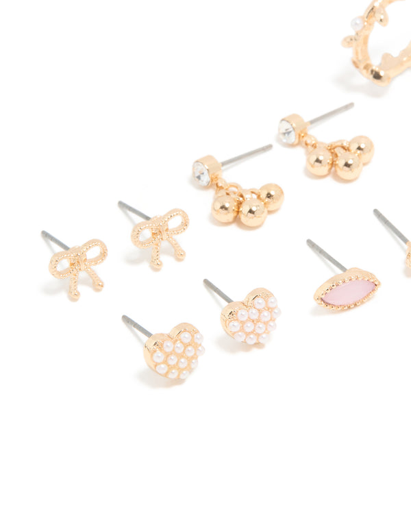 Gold Pearl & Diamante Vine Heart Stud Earrings 8-Pack