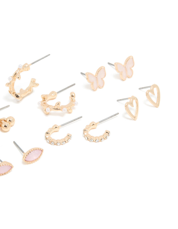 Gold Pearl & Diamante Vine Heart Stud Earrings 8-Pack