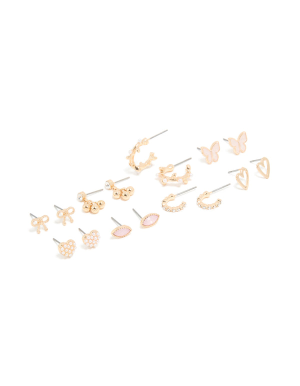 Gold Pearl & Diamante Vine Heart Stud Earrings 8-Pack