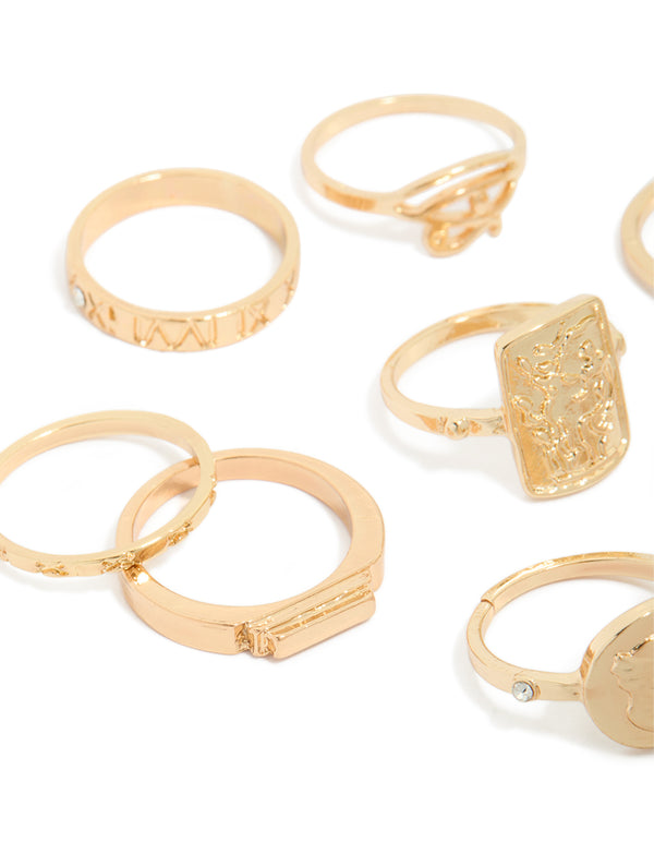 Featuring gold diamante Roman numeral rings 9-pack with disc features and dainty styling close up view