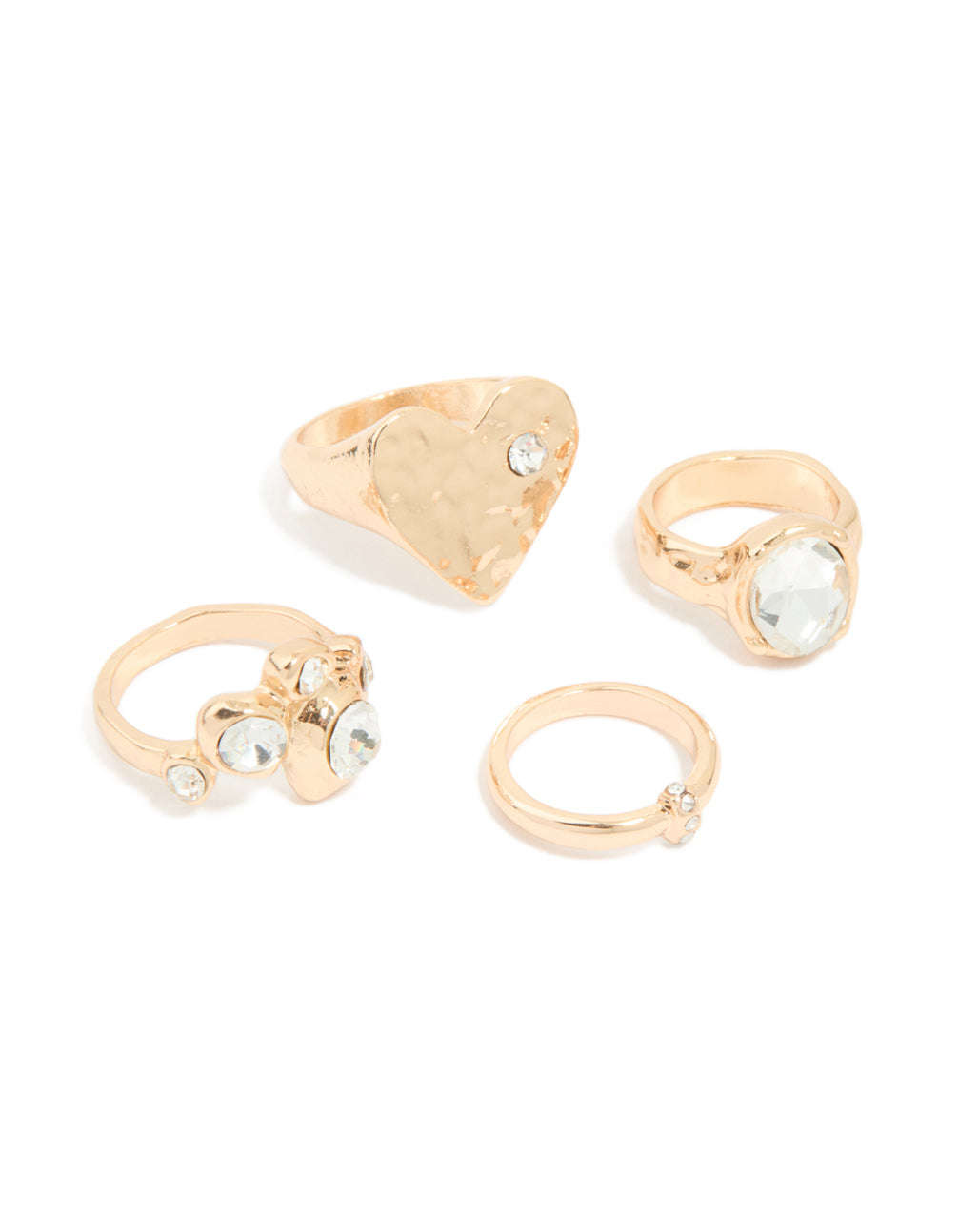 Gold Diamante Hammered Heart Mixed Rings 4-Pack