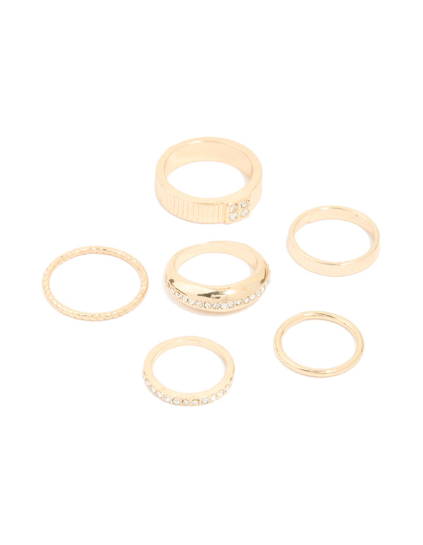 Gold Diamante Chic & Ribbed Rings 6-Pack