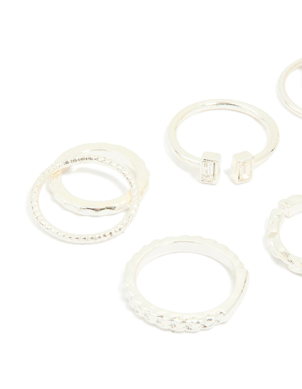 Silver Diamante Textured Rings 8-Pack