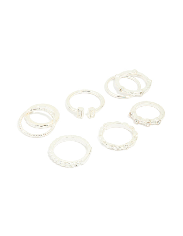 Silver Diamante Textured Rings 8-Pack