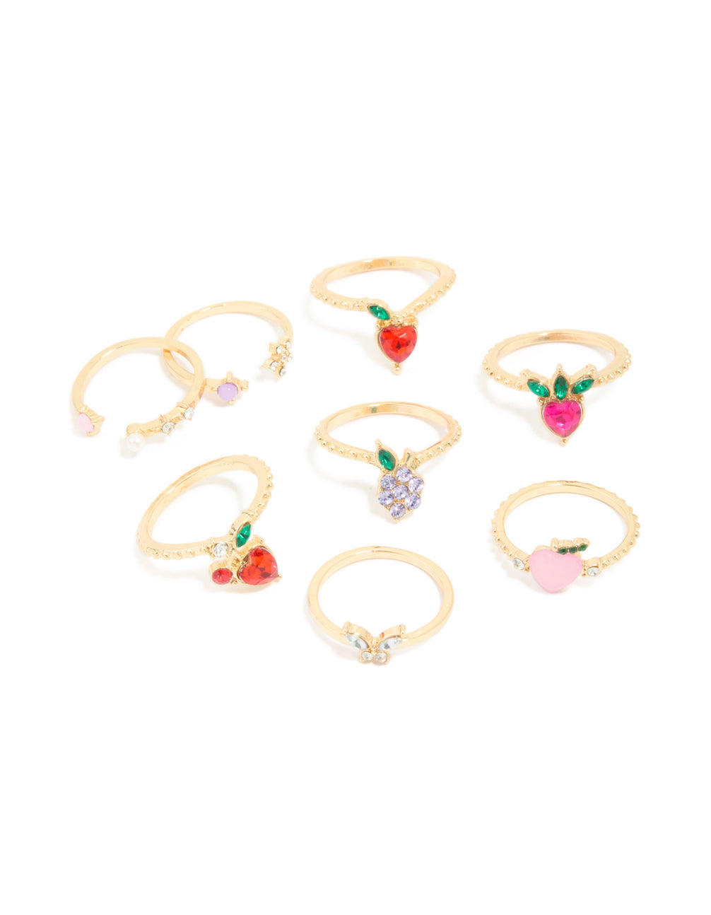 Gold Diamante Mixed Fruit Rings 8-Pack