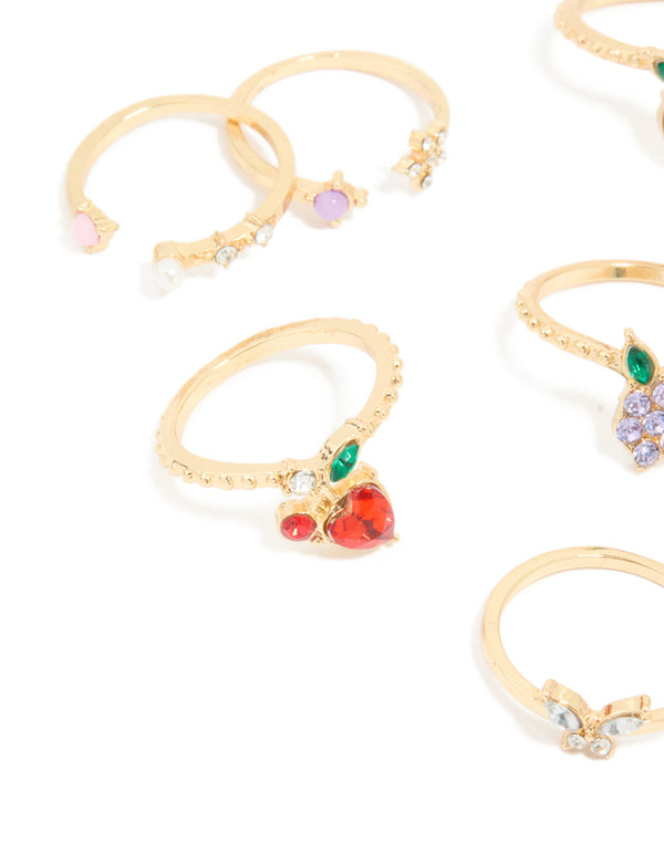 Gold Diamante Mixed Fruit Rings 8-Pack