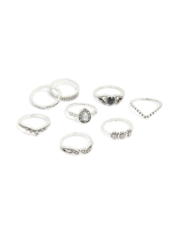 Antique Silver Diamante Signet Rings 8-Pack
