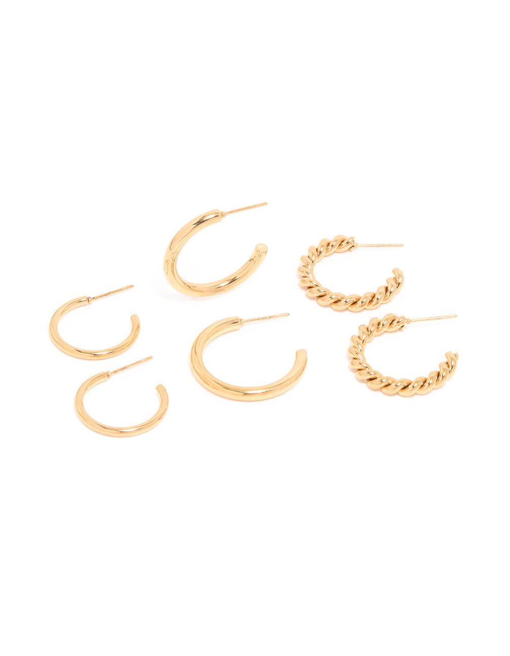 Waterproof Gold Plated Stainless Steel Smooth & Twisted Hoop Earrings 3-Pack