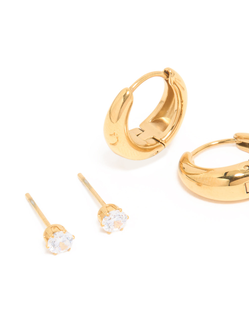 Waterproof Gold Plated Stainless Steel Hoop & Cubic Zirconia Stud Earrings 3-Pack