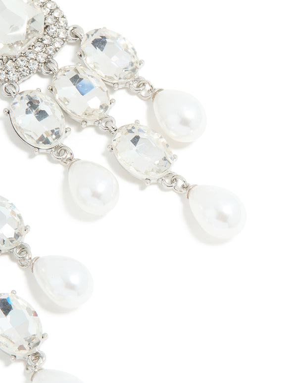 Silver Diamante Pearl Bling Drop Earrings