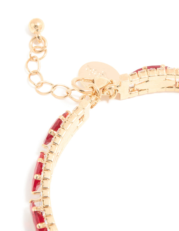 Gold Red & Clear Diamante Oval Bangle