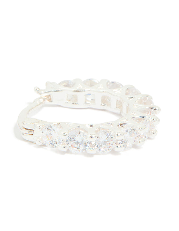 Silver Plated Cubic Zirconia Medium Oval Huggie Earrings