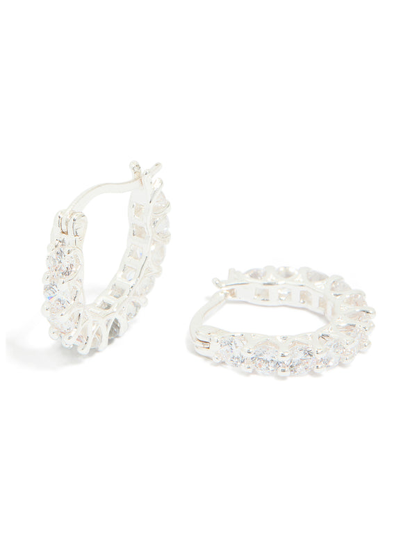 Silver Plated Cubic Zirconia Medium Oval Huggie Earrings