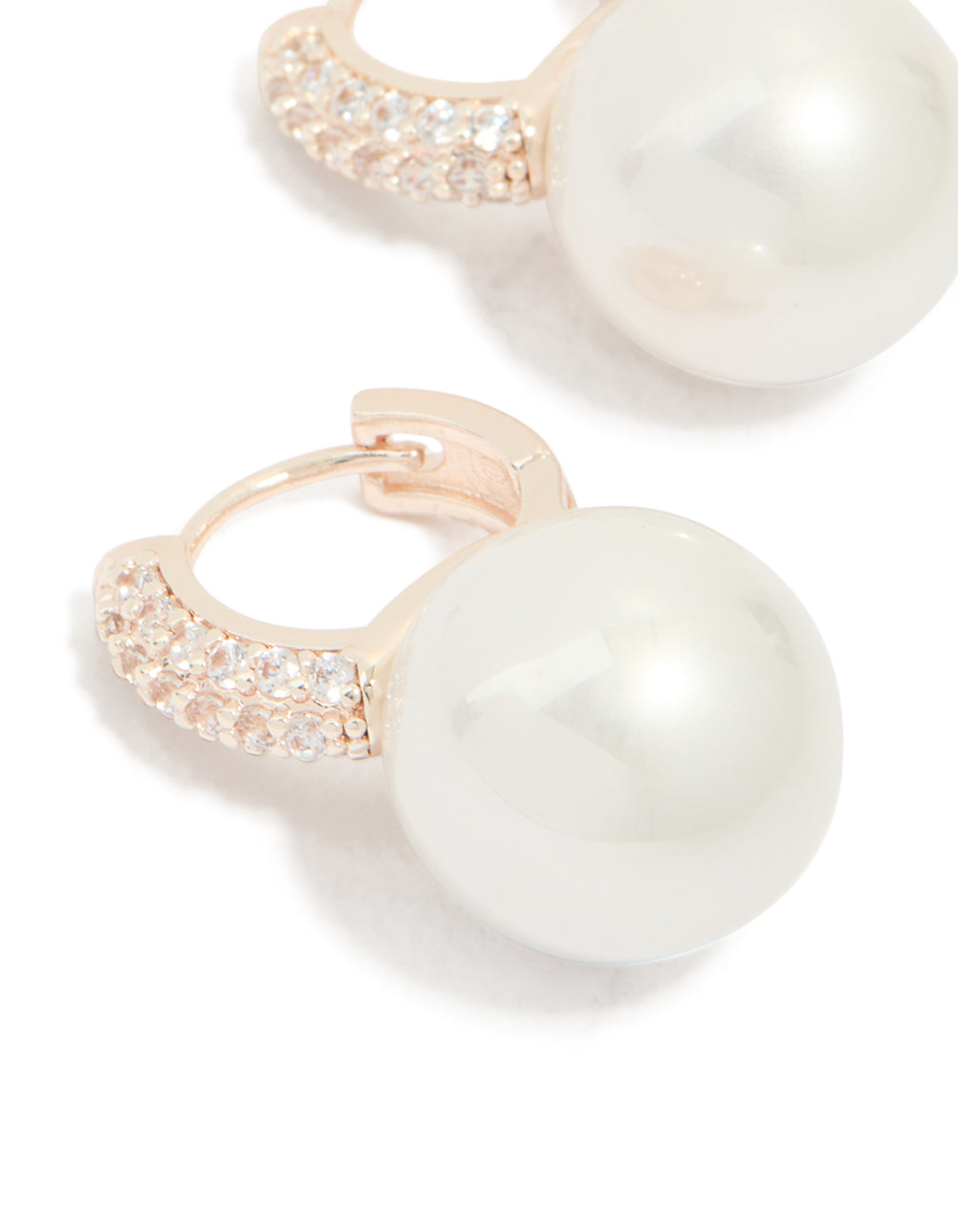 Rose Gold Plated Large Pearl & Cubic Zirconia Huggie Earrings