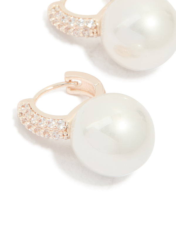 Rose Gold Plated Large Pearl & Cubic Zirconia Huggie Earrings