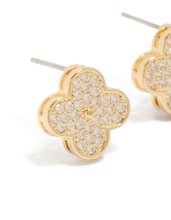 Crafted from gold plated cubic zirconia flower detail small stud earrings close up view