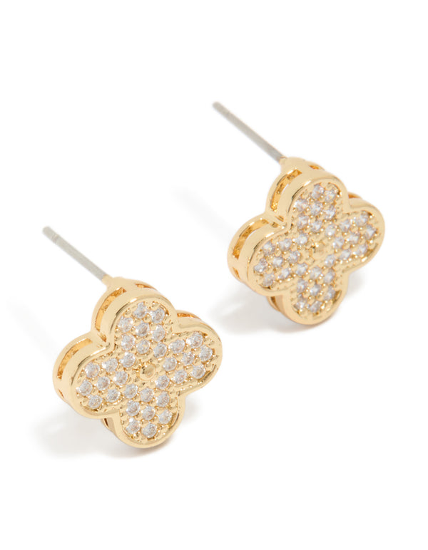 Showcasing small dainty stud earrings with floral cubic zirconia detail in gold plated finish front view
