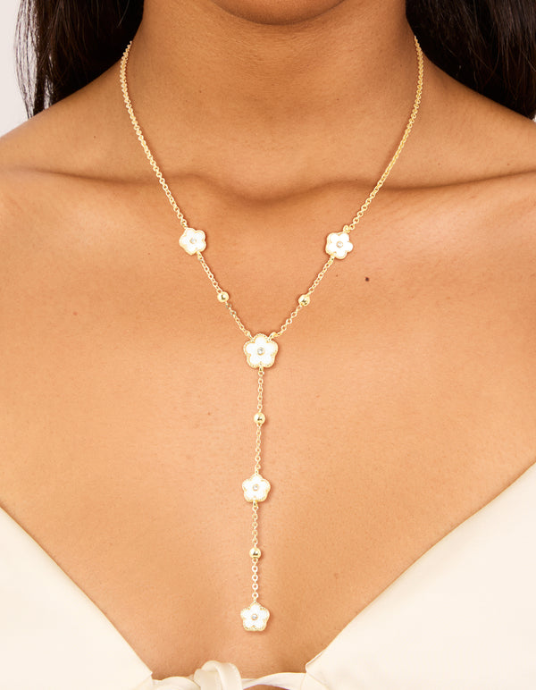 Gold Plated Diamante White Flower Y-Necklace