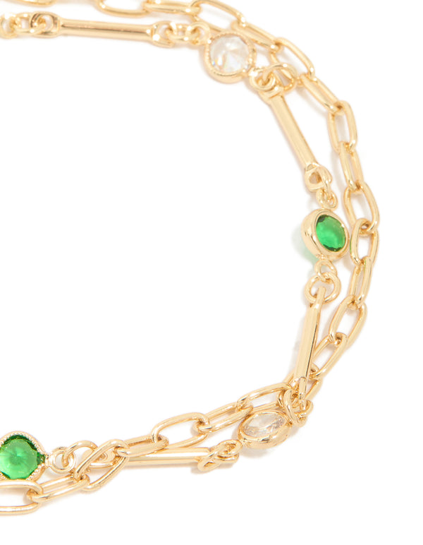 Gold Plated Emerald Cubic Zirconia Detail Layered Bracelet