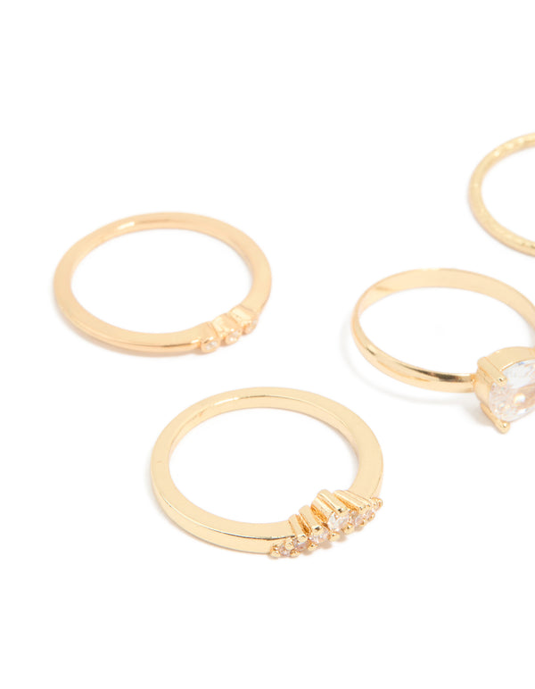 Gold Plated Cubic Zirconia Teardrop & Smooth Rings 5-Pack