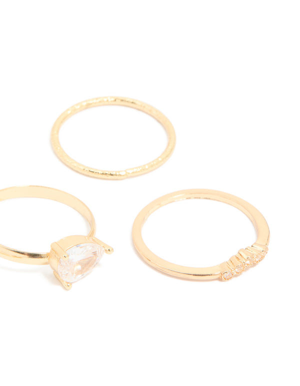 Gold Plated Cubic Zirconia Teardrop & Smooth Rings 5-Pack