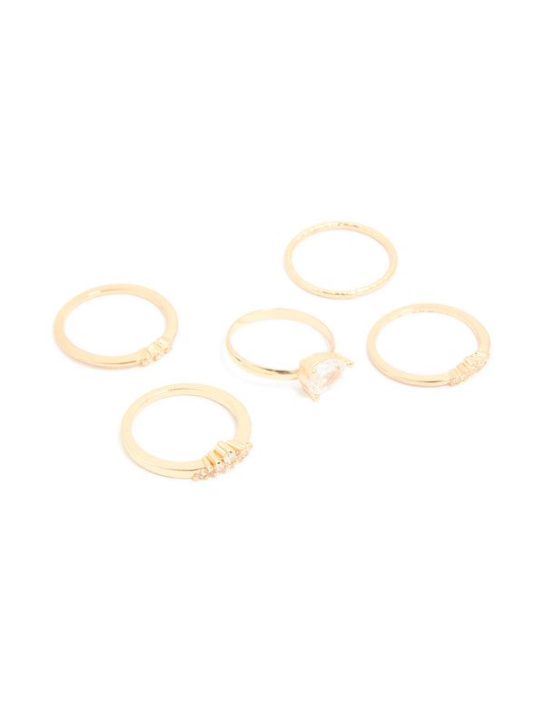 Gold Plated Cubic Zirconia Teardrop & Smooth Rings 5-Pack